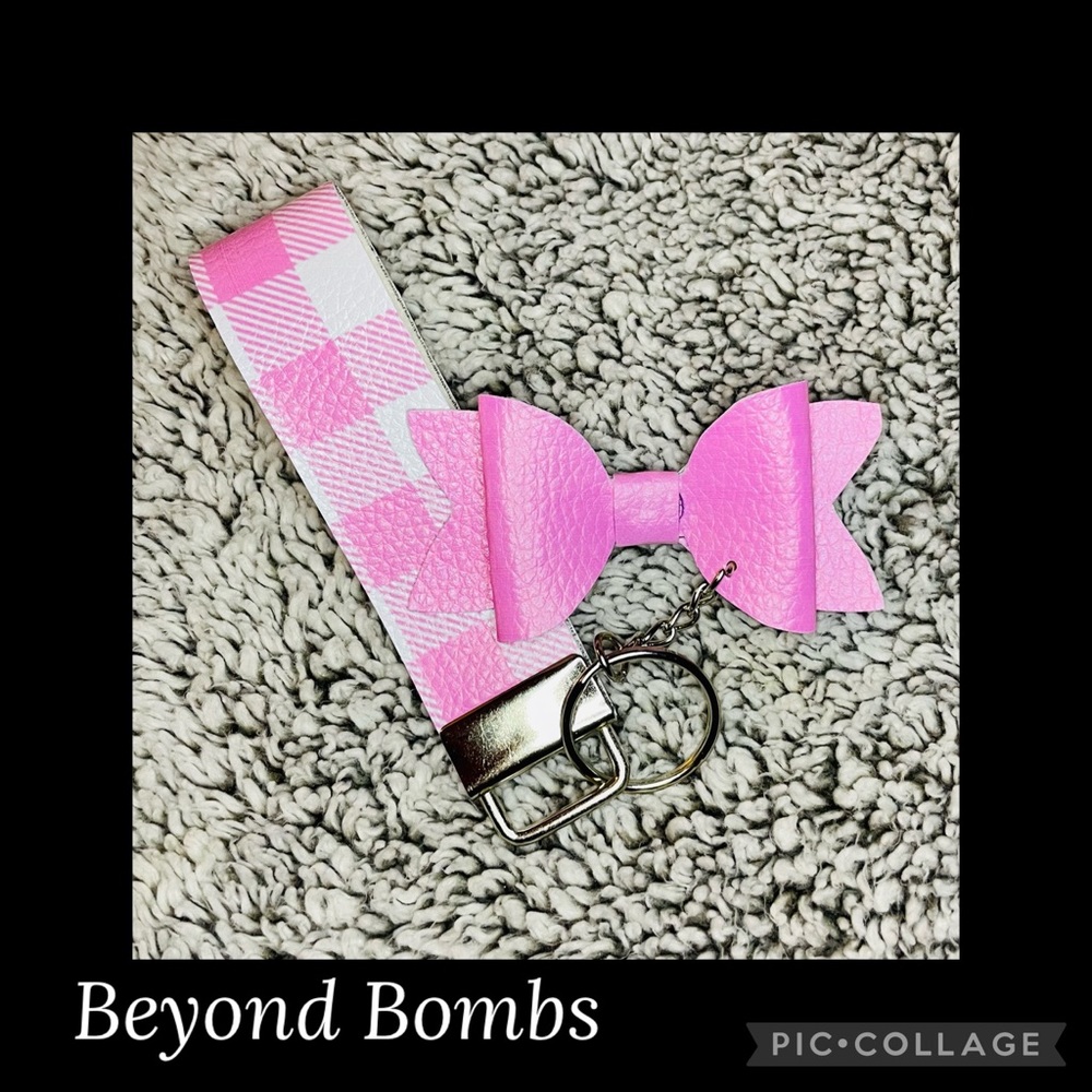 Pink & White Wristlet Bow Keychain - Handmade